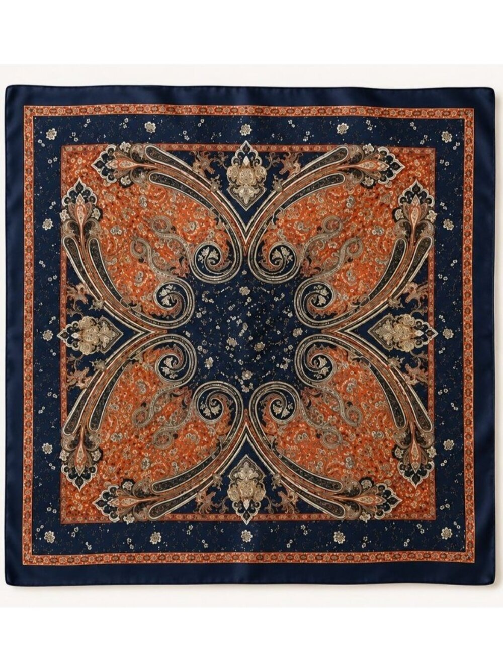 Navy Rust Paisley Scarf 26x26 Satin Feel Neck Scarf
